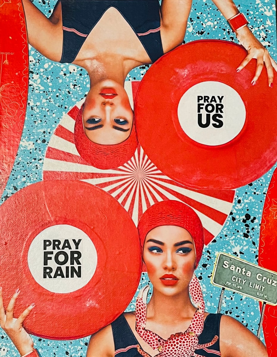Pray 4 by Cristina Sayers  Image: Original found altered images analog collage artwork by 
Artist Cristina Sayers; 
11’’x14’’, on flat cotton canvas board, Unframed, 2023.