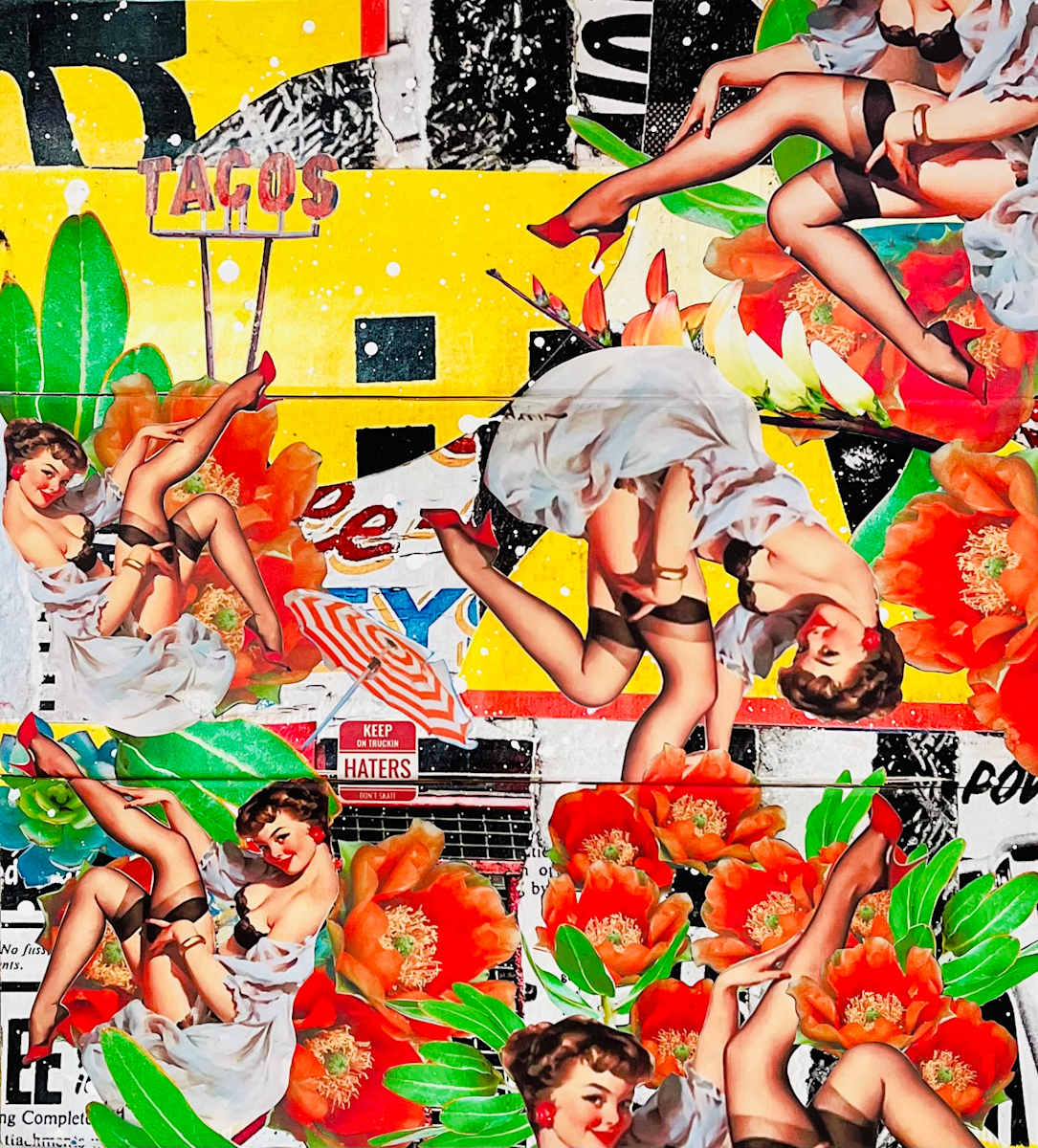 Push Pin by Cristina Sayers  Image: Could this fusion of color and vintage imagery connect with the pop art movement? Utilizing skateboards as a backdrop, the artwork melds pin-up figures with vivid floral patterns and urban elements. The playful arrangement of figures contrasts with prominent typography and street-inspired graphics, creating a lively exchange within the piece. Explore how each element coexists, from the nostalgic allure of mid-century art to the contemporary edge of mixed media. This assemblage from curated images from recycled calendars or magazines, invites viewers to delve into the captivating intersection of retro aesthetics and modern artistic expression, reminiscent of influential pop art explorations. How does this combination of past and present inform our understanding of visual culture?