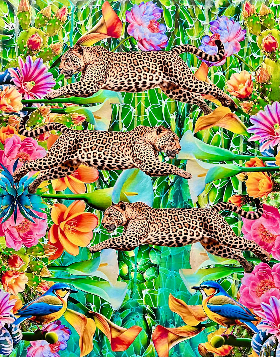Jungle Boogie by Cristina Sayers  Image: Analog collage and acrylic paint original artwork on boxed wood canvas; unframed
