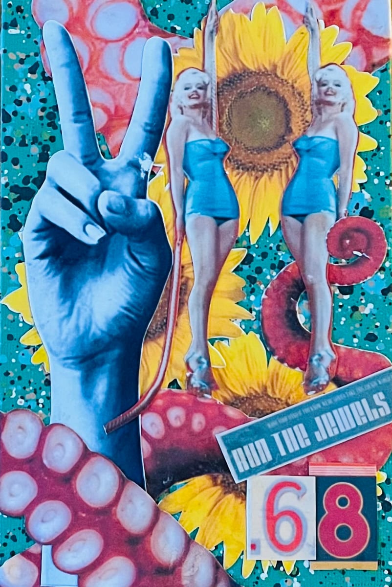 68 Jewels by Cristina Sayers  Image: Original found altered images analog collage artwork by Artist Cristina Sayers; 4’’x6’’, on flat cotton canvas board, framed in carved wood frame 5’’x7’’ 2023.