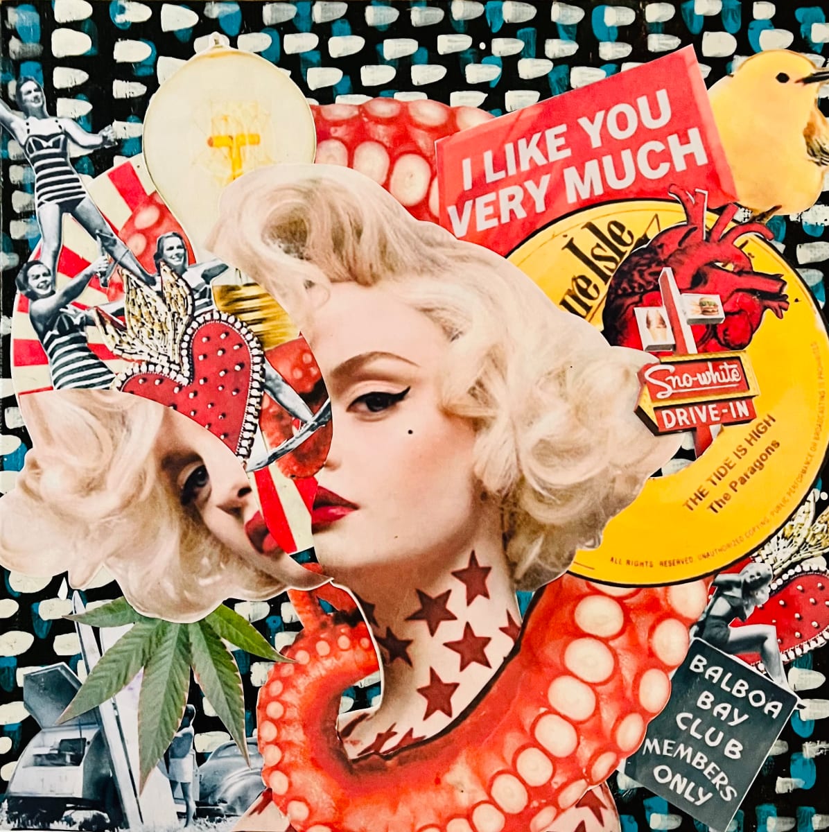 I Like by Cristina Sayers  Image: Original found altered images analog collage artwork by 
Artist Cristina Sayers; 
8”x8’’, on flat cotton canvas board, Unframed, 2023.