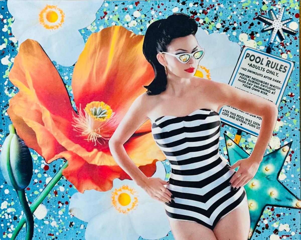 Pool Rules by Cristina Sayers  Image: Original found altered images analog collage artwork by 
Artist Cristina Sayers; 
8”x10”on flat cotton canvas board, 
11’’x14’’ distressed wood framed, 2023.
Part of a 2 painting series see also:
 Bitch’s Beach listing