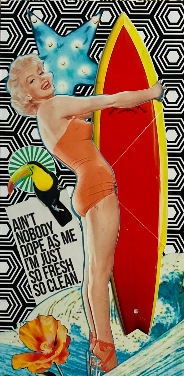 Fresh & Clean by Cristina Sayers  Image: Listing is 1 painting titled: Fresh & Clean, 2nd of Capitola Village series of 7 Analog Collage from original found altered images by Artist Cristina Sayers; 12”x6”, on balsa wood boxed canvas, Unframed