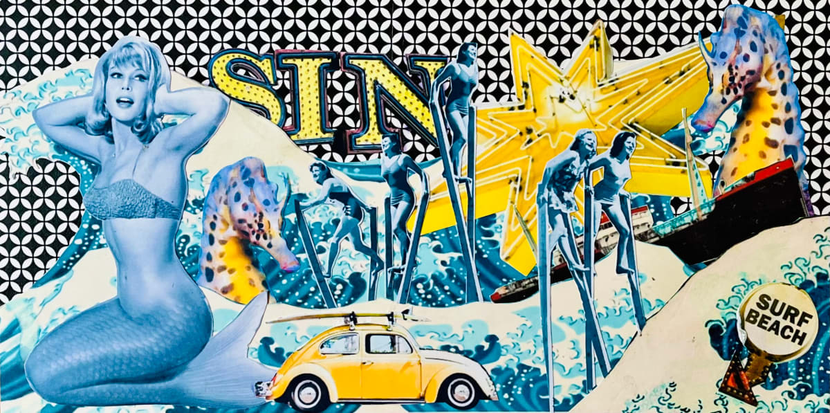 Sin by Cristina Sayers  Image: Listing is 1 painting titled: Sin, 6th of Capitola Village series of 7 Analog Collage from original found altered images by Artist Cristina Sayers; 12”x6”, on balsa wood boxed canvas, Unframed
