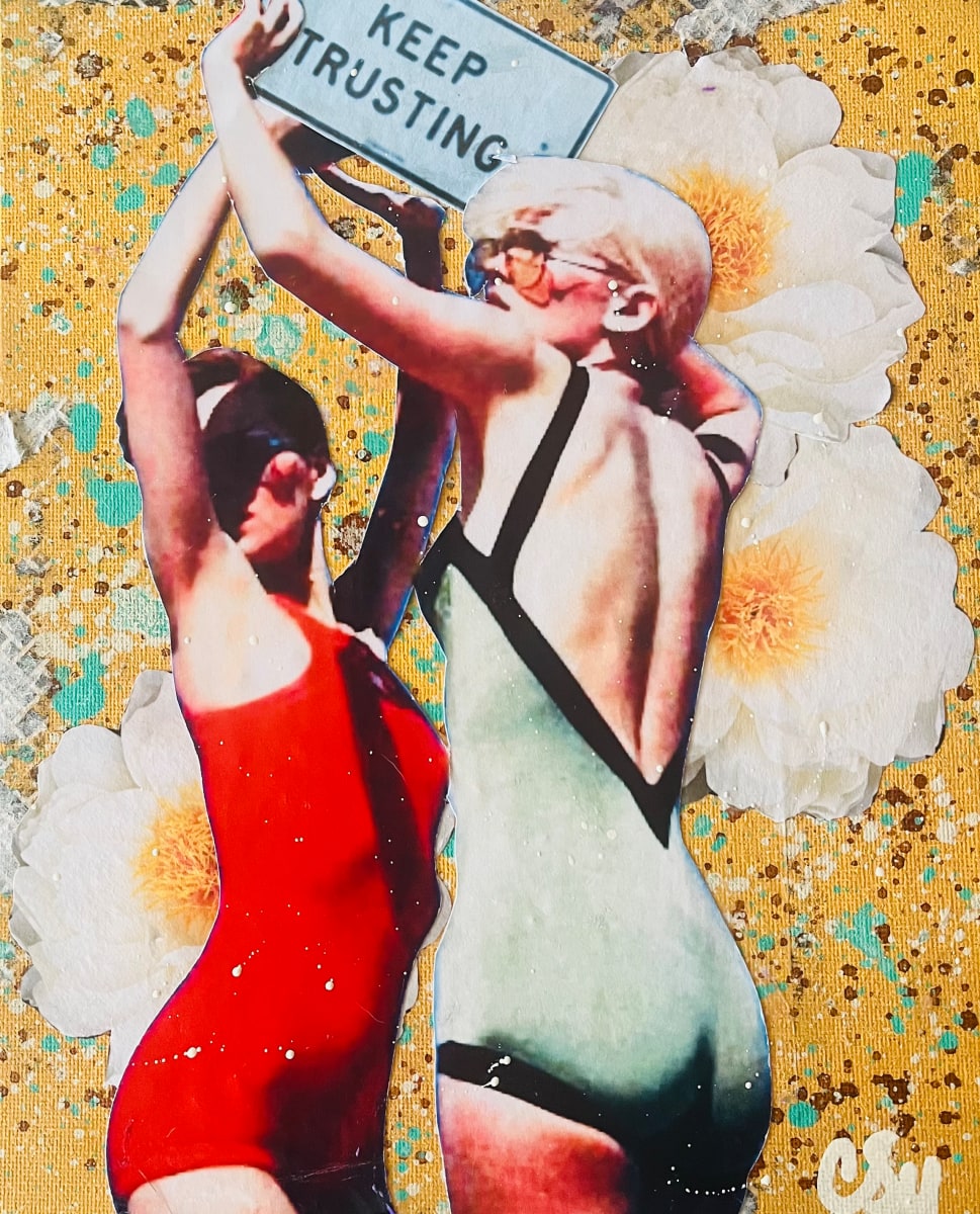 Trust Keepers -Aptos, Ca by Cristina Sayers  Image: Original found images analog collage artwork by 
Artist Cristina Sayers 
8”x10”on flat cotton canvas board, Unframed, 2023.