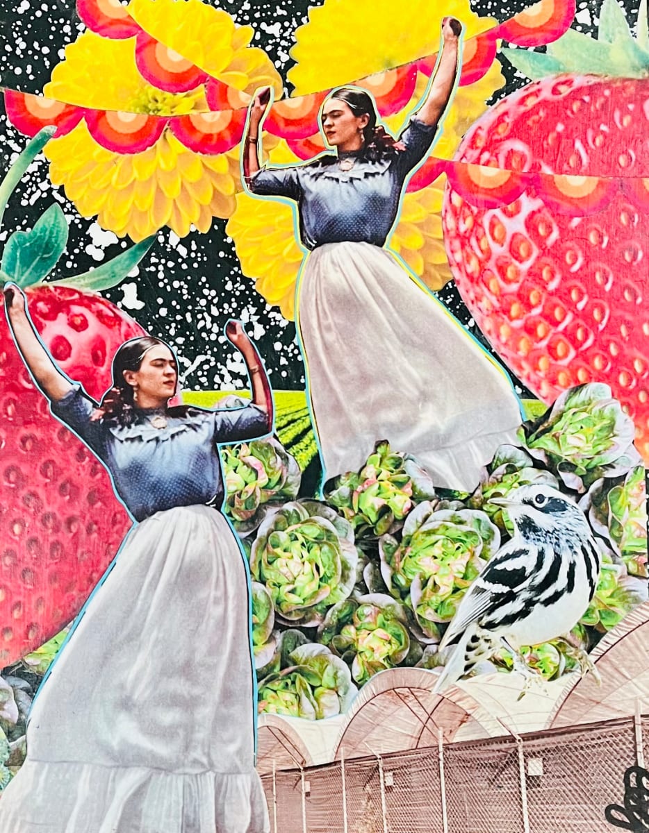 Lettuce Groove by Cristina Sayers  Image: Original found altered images analog collage artwork by 
Artist Cristina Sayers; 
11’’x14’’, on 1/4 inch flat wood canvas board, Unframed, 2023.