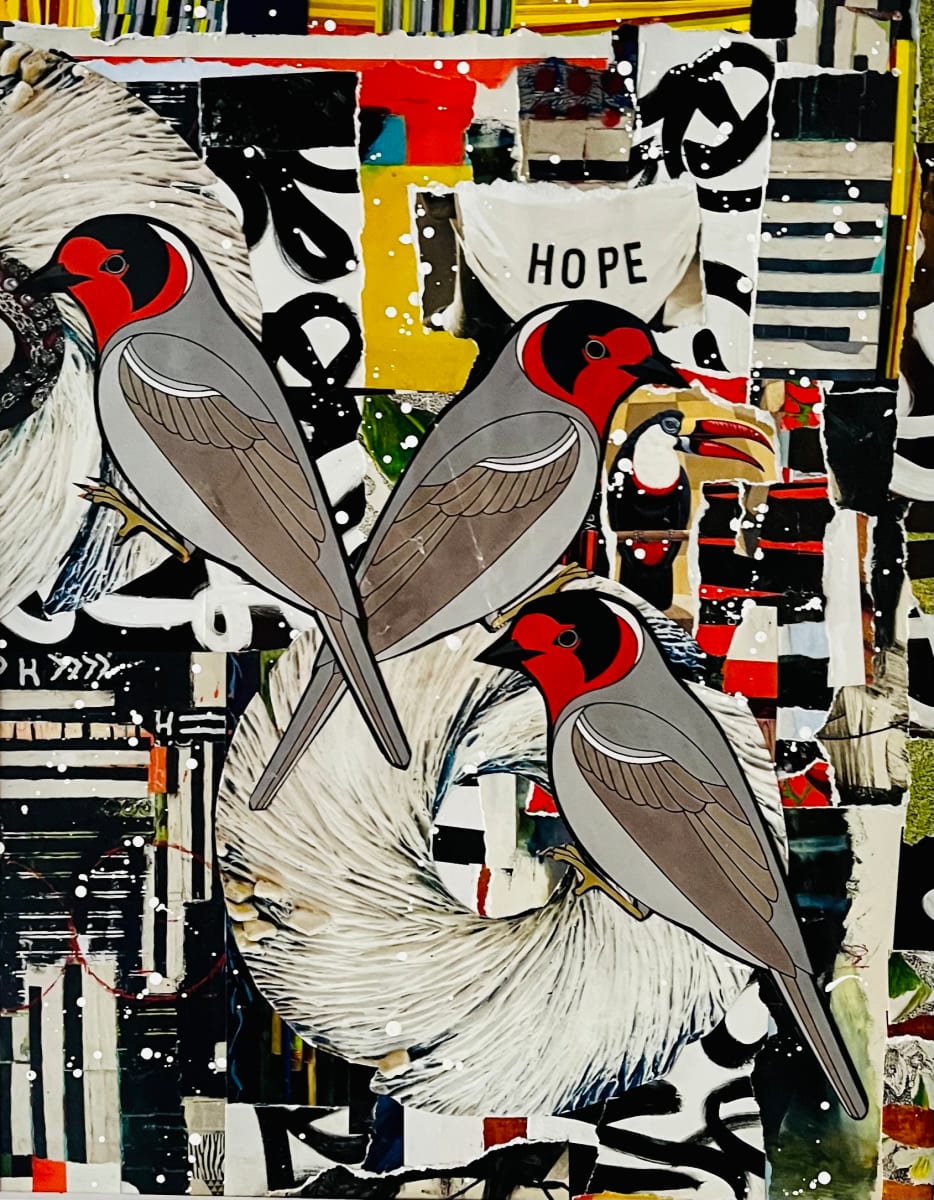 With Hope by Cristina Sayers  Image: Original Collage, images from recycled magazine material, analog collage artwork by 
Artist Cristina Sayers; 
8”x10”on 100lb paper, matted, and Unframed, 2023.