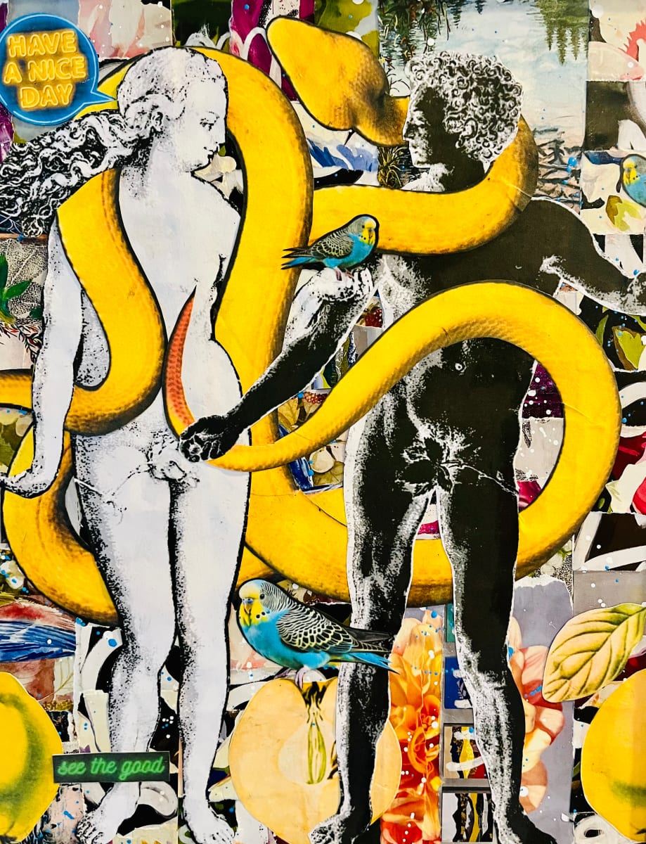 Eve & Adem by Cristina Sayers  Image: Original Collage, images from recycled magazine material, analog collage artwork by 
Artist Cristina Sayers; 
8”x10”on 100lb paper, matted Unframed, 2023.