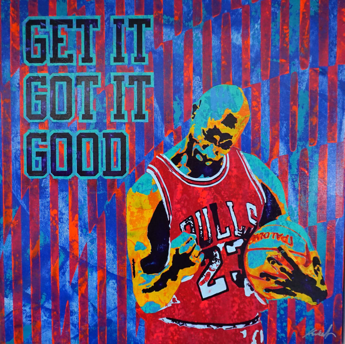 Get it, got it, good! by Rudolf KRISTOFFER  Image: This is one example, where i got the idea oft he painting from a quite common saying. Actually i did know this saying for a quite long time, from my american friend Brian, whom i got friends with, while my exchange student stay in Örebo, Sweden, back in 2006. 
Grapping up this saying, i figured out a fitting image to it. As get it…get the ball….i came up with his airness, Michael Jordan, who`s  ability to grab, to get the ball, is quite unique. 

So, get it, got it, good!
