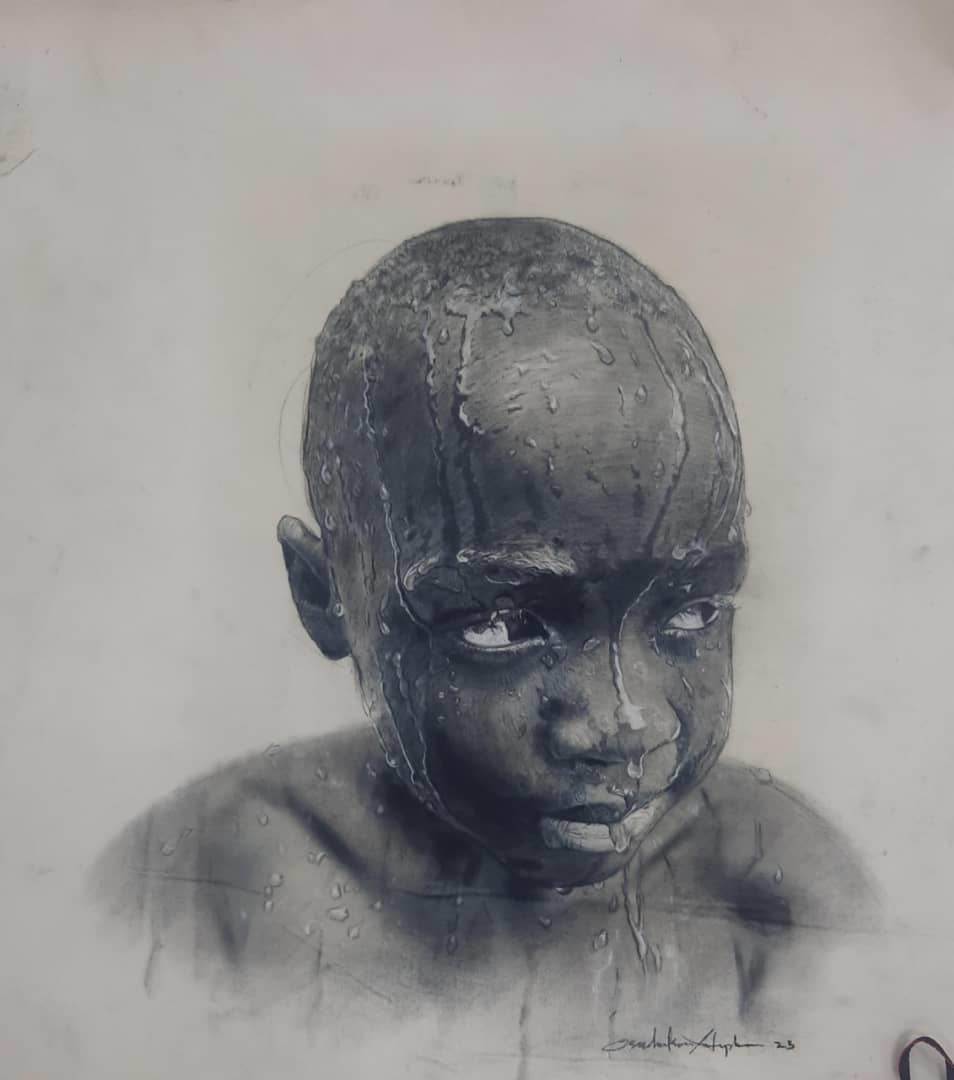 Light by Stephen Osuchuckwu  Image: The enchanting brilliance in his eyes radiates joy and innocence, infusing the artwork with an extraordinary gaze that illuminates the canvas."