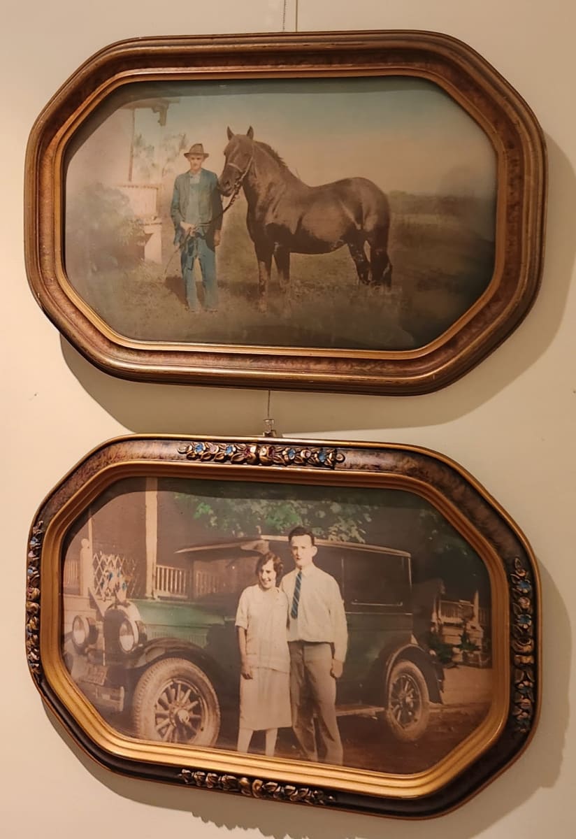 Man and horse and couple with car 