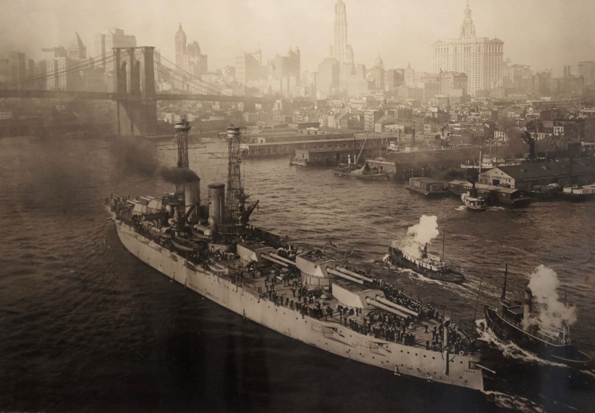 Battleship Arizona in East River, near Brooklyn Bridge, 1918  Image: Leaving NY harbor for sea trials. No action in WWI but transported President Wilson to Paris Peace Accords. Sunk in attack at Pearl Harbor with 1177 men and remains as a memorial to those aboard.