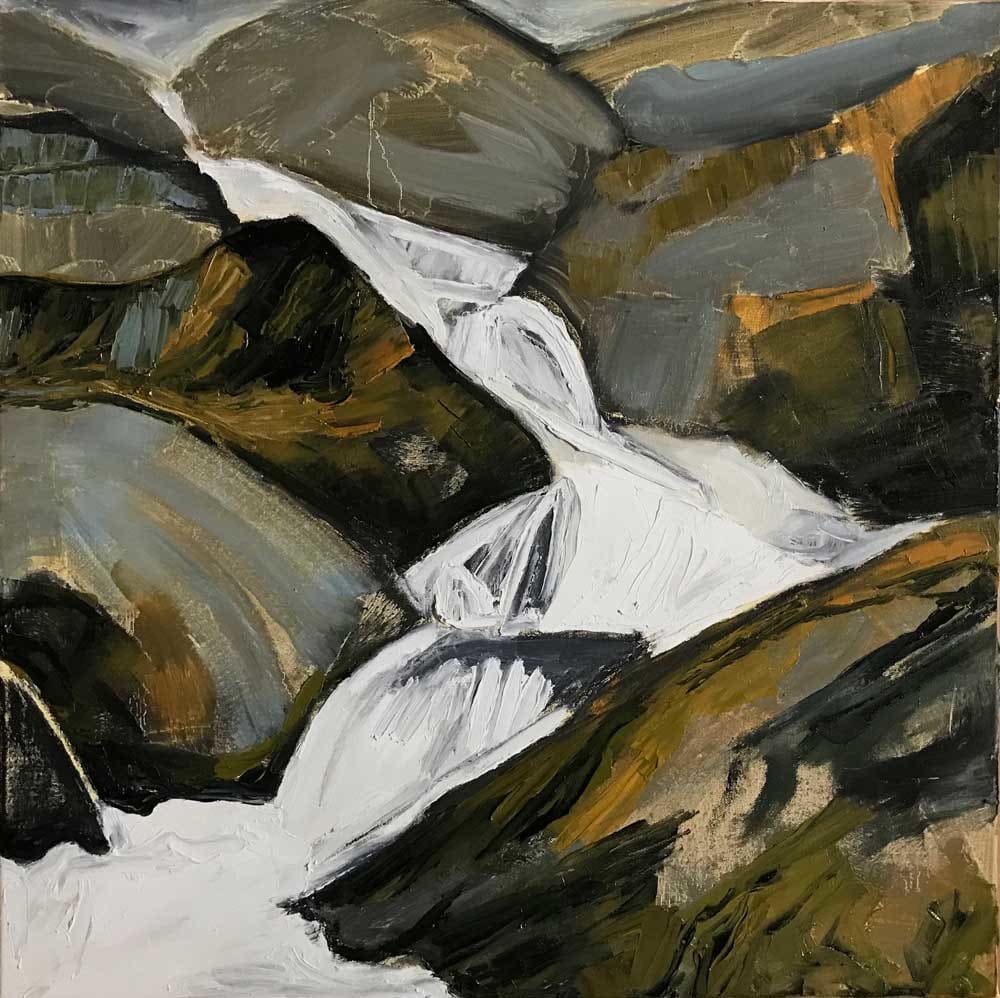 Mahogany and Cherry Rocks with Winter Falling by Hart James 