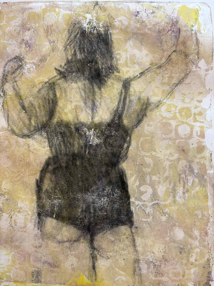 No Looking Back by Barbara  Abram  Image: Charcoal drawing printed on Gelli pad with background