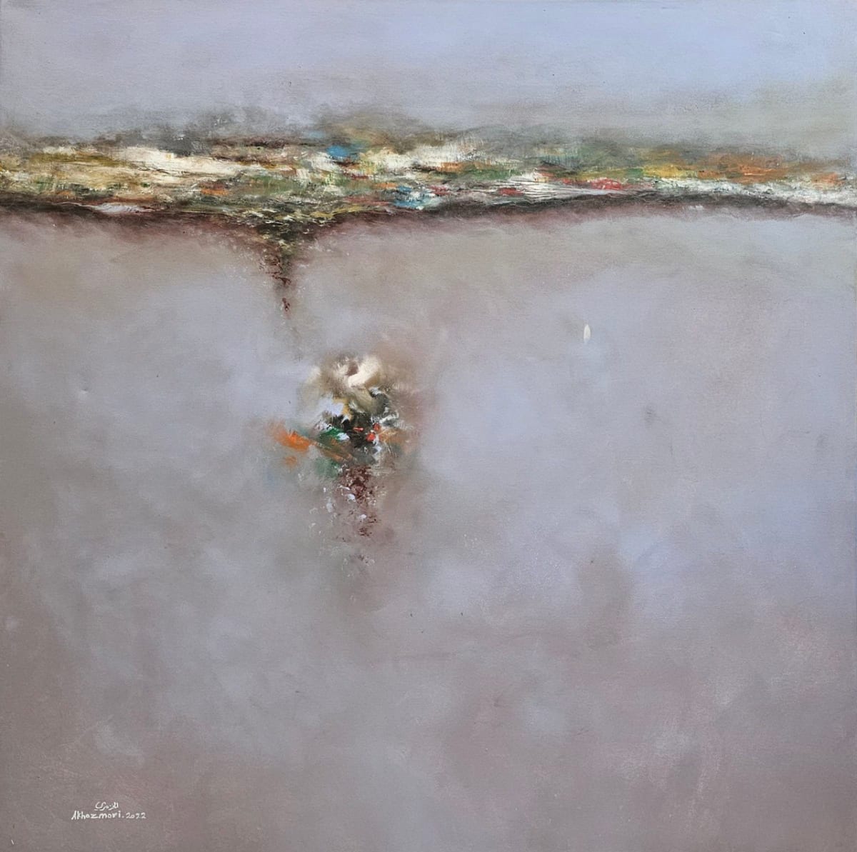 Solitary Reflection by Ahmed Al Khazmari  Image: "Solitary Reflection" — A contemplative journey into the soul's quieter realms, where the sparse yet vibrant heart of the canvas reflects the inner light of self-awareness and meditative thought.





