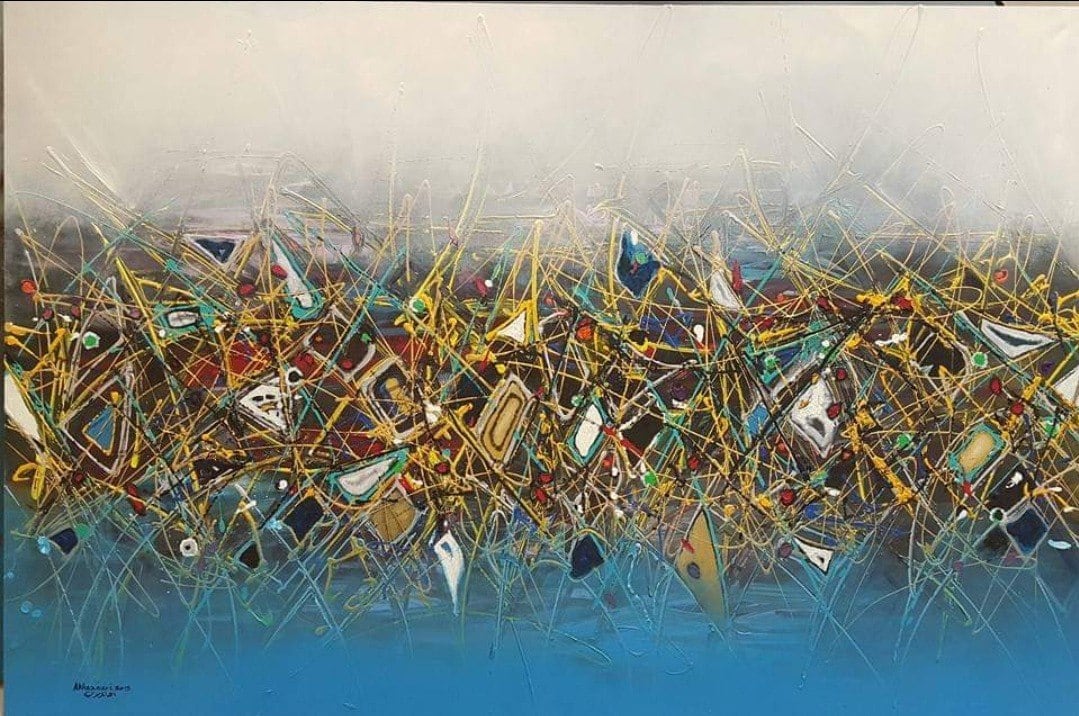 Harbor of Hues by Ahmed Al Khazmari  Image: this abstract painting captures the vibrant chaos of a bustling harbor. The intertwining lines and vivid colors suggest the movement and energy of boats and water, while the subtle gradations toward the horizon convey depth and vastness.