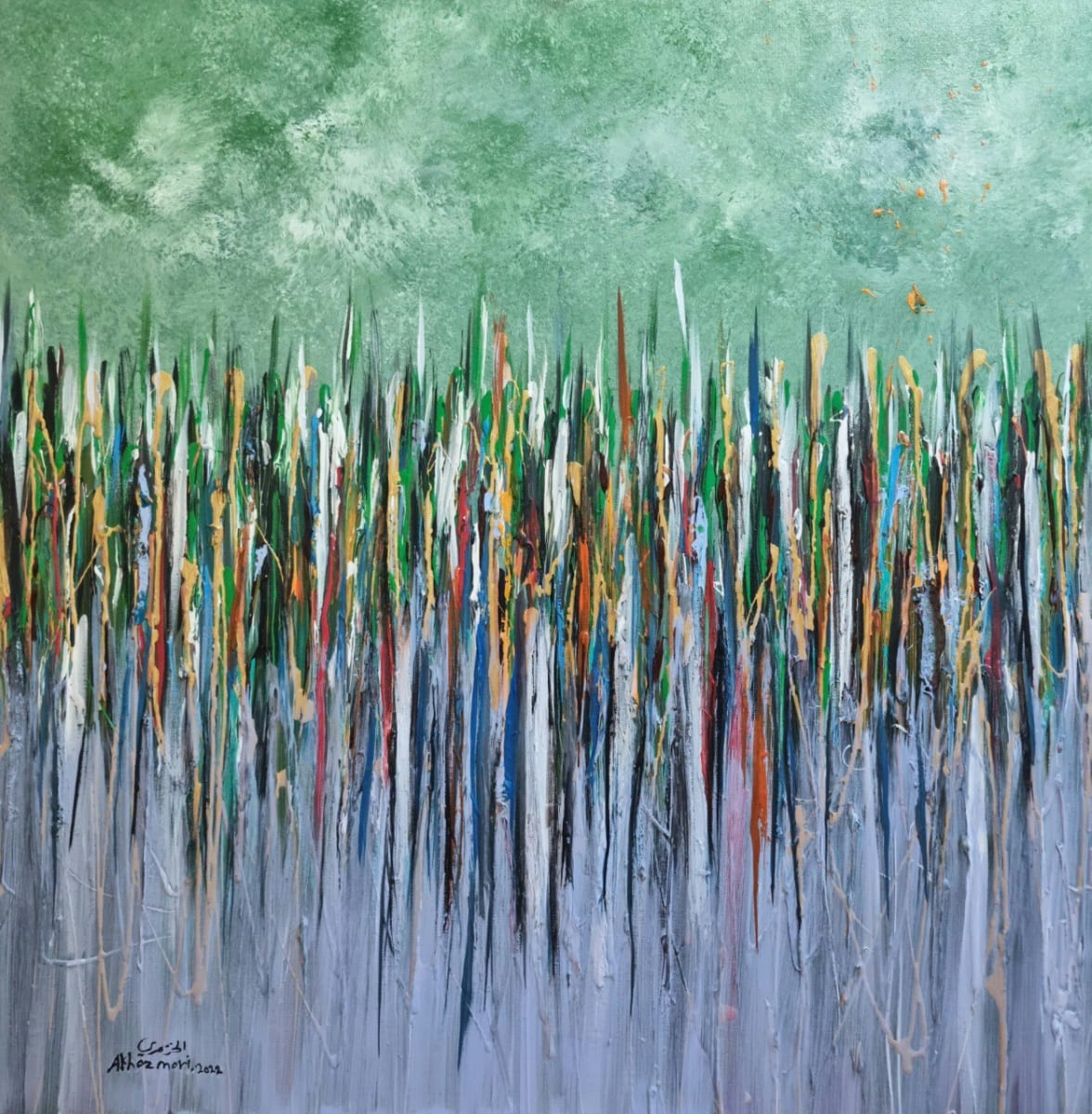 Verdant Resurgence by Ahmed Al Khazmari  Image: "Verdant Resurgence" is an abstract painting that captures the vitality of a lush landscape. The upward strokes of vibrant colors suggest a verdant field or forest canopy, while the lighter hues at the bottom might represent a misty morning. The green hues at the top evoke the freshness of nature and the cycle of renewal.

