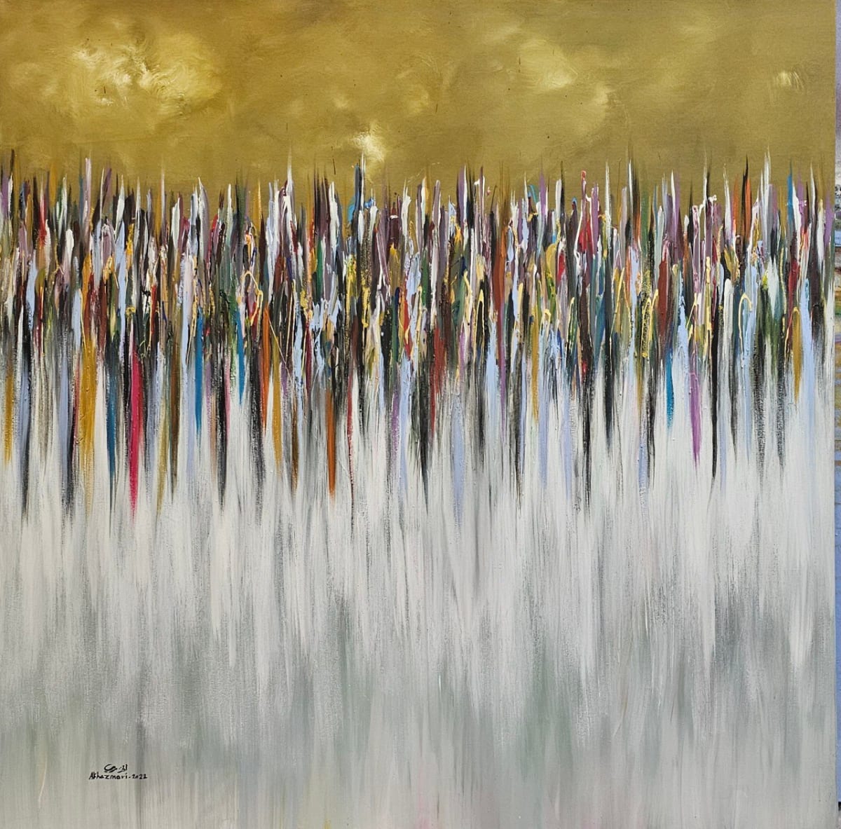 Golden Aspirations by Ahmed Al Khazmari  Image: "Golden Aspirations" — An abstract composition that embodies the human quest for enlightenment, with the golden glow symbolizing our highest aspirations and the colorful strokes reflecting the vibrant path we traverse in search of meaning.
