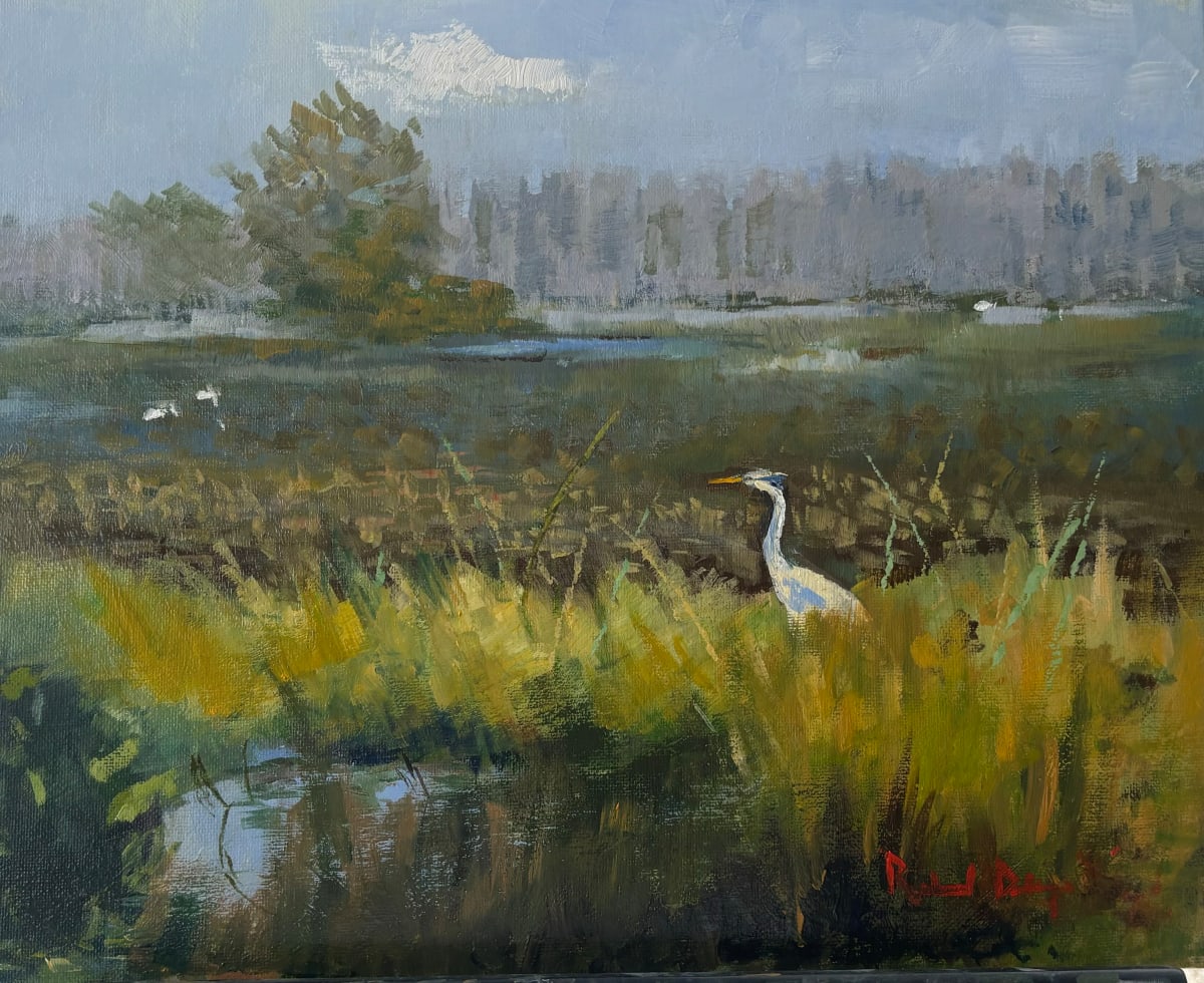 Great Egret by Richard W Diego  Image: This is landscape painting of a Great Egret at Lake Pansoffkee, Florida.