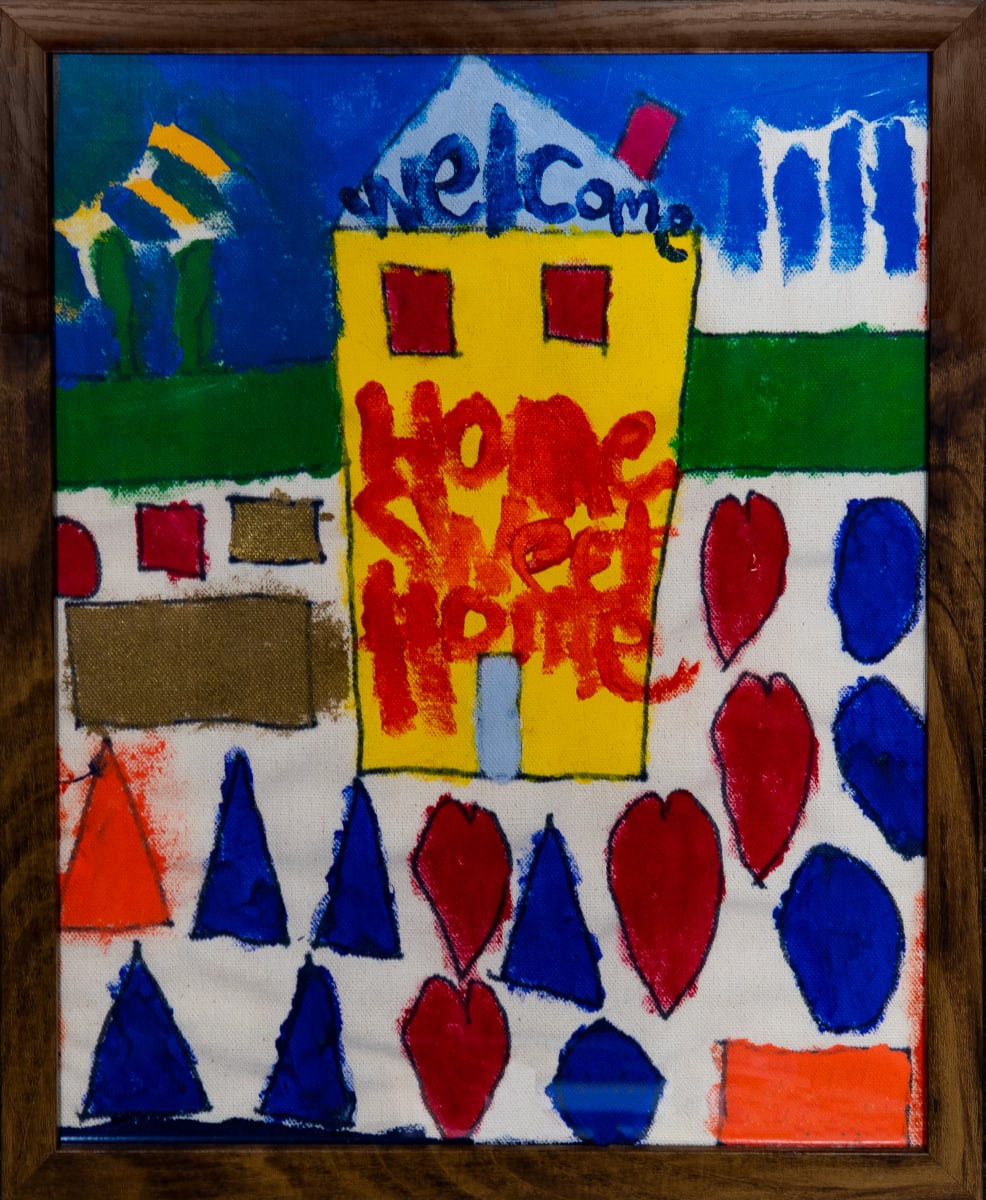 Untitled [Welcome Home Sweet  Home] by James Bergen  Image: "Within the Tapestry of Memory: Exploring 'My House' in Naive Art, where painting and raw materials intertwine to unveil the essence of home and belonging."

