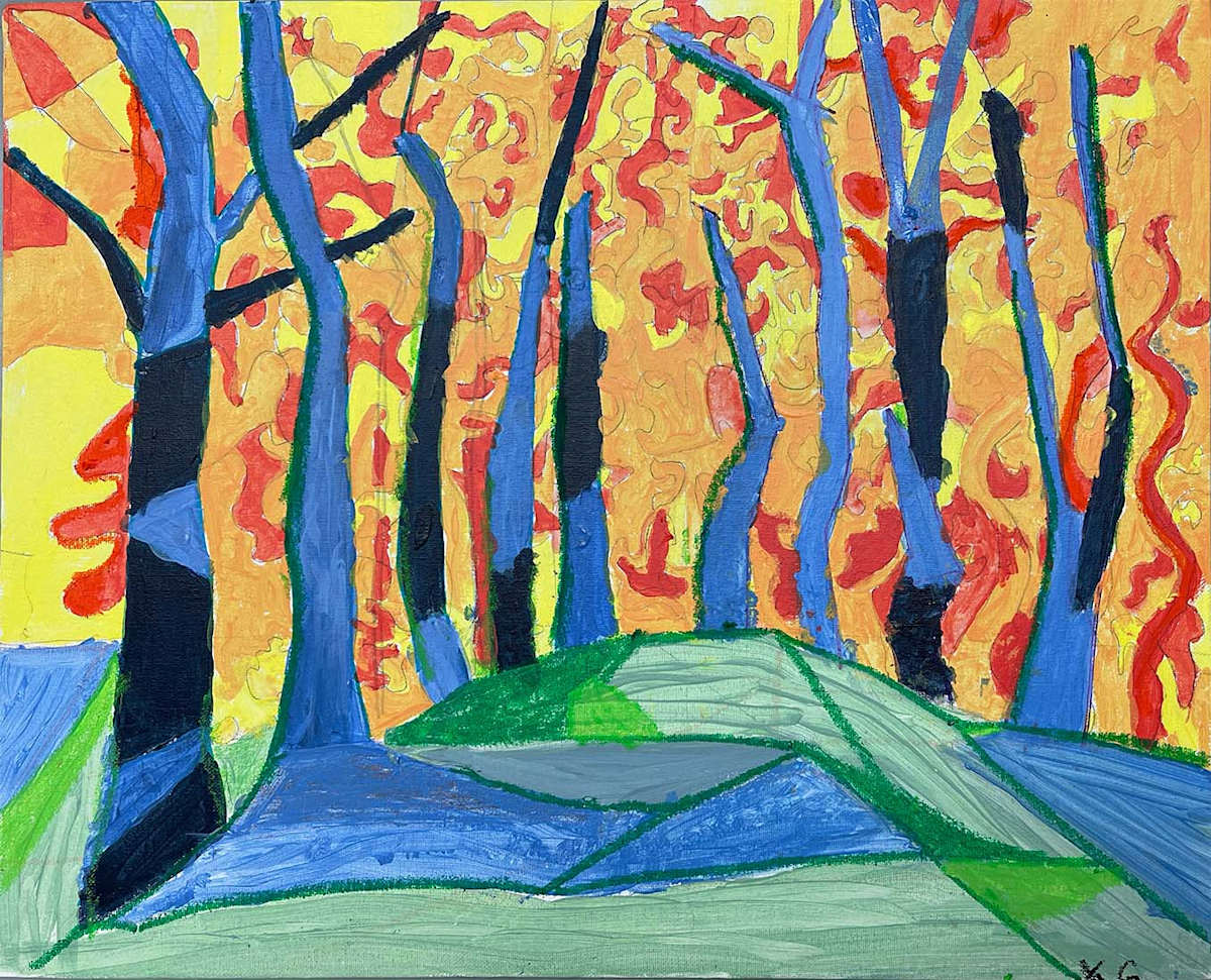 Whispers of Autumn Light by Kat Gerhardt  Image: Autumn lights up the forest — blue trunks standing calm against the fire of fall.
