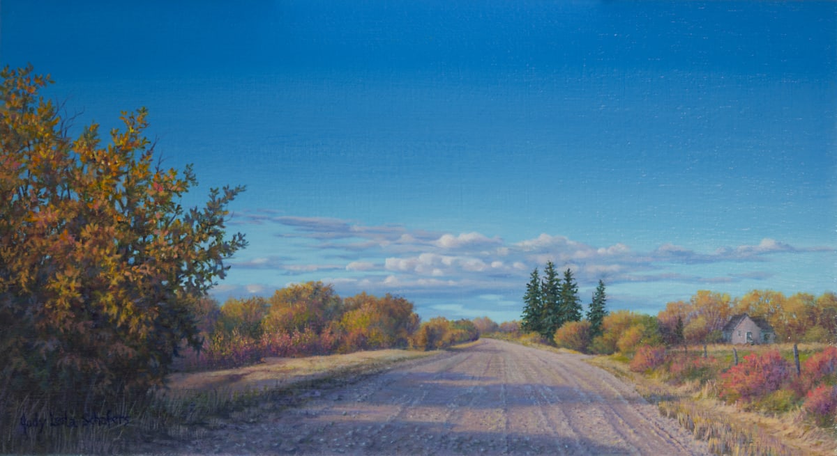 Autumn Melody  Image: The gravel road in this painting leads to some land that we farm near Rivierre Que Barre in Sturgeon County, Alberta. The narrow river/creek is flanked by the trees that are depicted in the distance and there is a quaint bridge that crosses this waterway. It's great spot to get away and enjoy nature for a bit. Sometimes, I will drive the 10 or so miles just to do so!