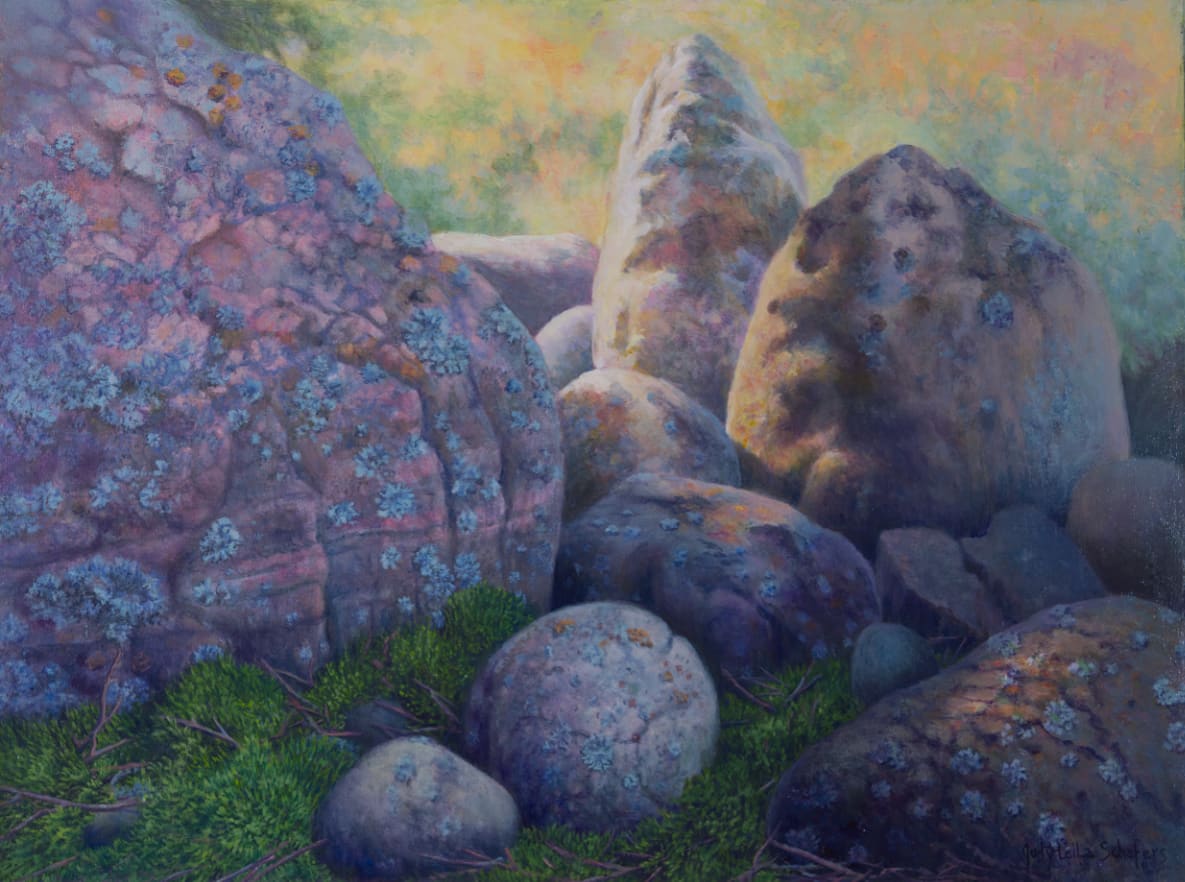 Ancient Wisdom by Judy Leila Schafers  Image: Older than time itself, these members of the earth's crust have witnessed the dawn of every age. They are a foundation to this planet and the life that resides on it. They tell their stories to any who care to ask. To me, they speak of things much larger and wiser than myself and remind me that they will still be here long after I am gone.
 "Ancient Wisdom",  original acrylic on gallery canvas, 18" x 24", $1155, available.
I have been inspired by a particular grouping of rocks that were picked from our fields over the years and now reside in my flower gardens. Arranging them and then observing how the garden adapts and settles around them and how the light transforms them into even more interesting forms has been a wonderful discovery for me. 