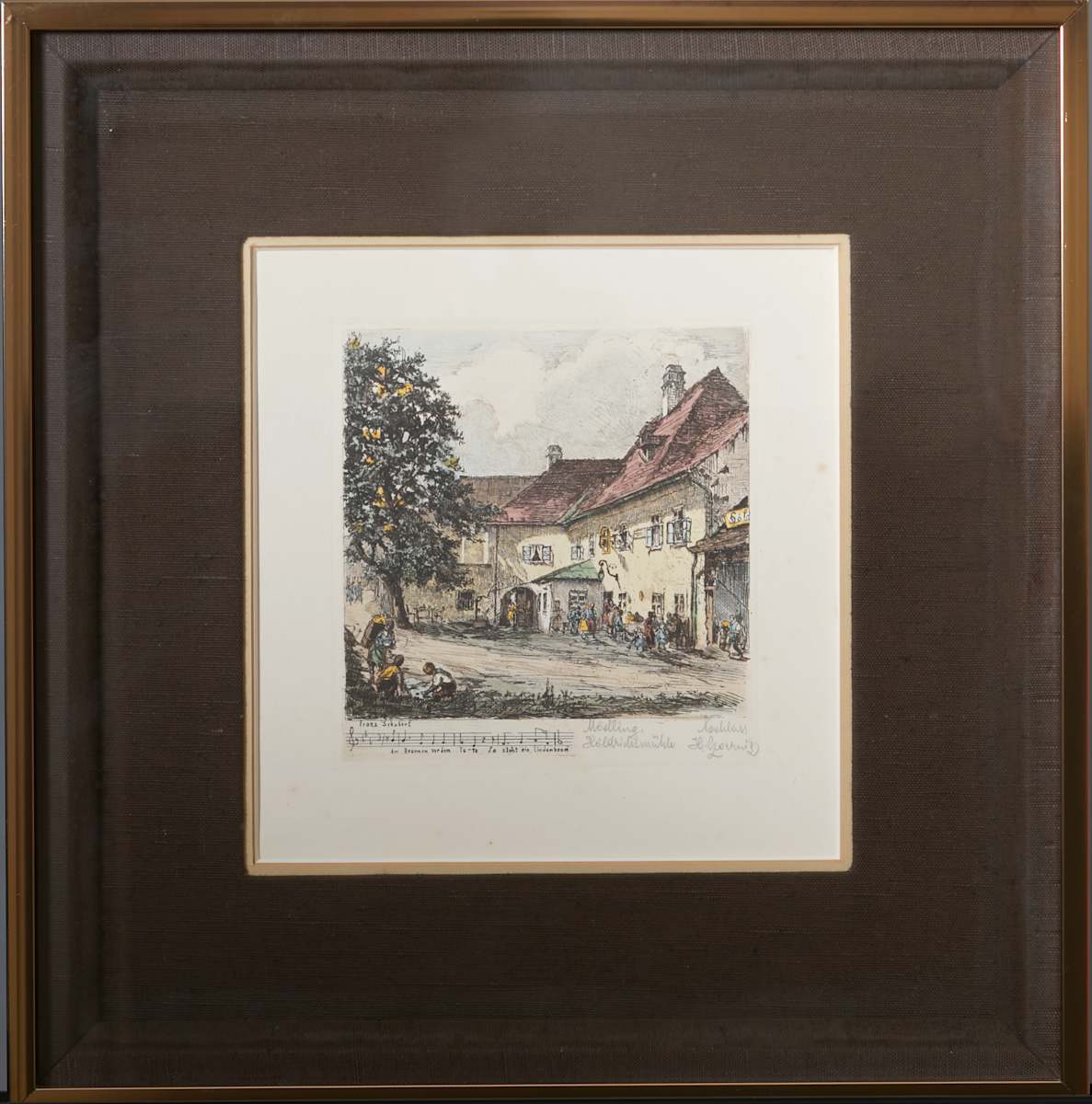 Schubert Landscape Etching (Mödling, Austria) by Henry Goering  Image: Henry Goering (German American 1871-1944). Antique framed color etching comprised of a figural landscape city street scene and sheet music by the Austrian composer Franz Shubert . Title and composer name written in pencil to lower right.