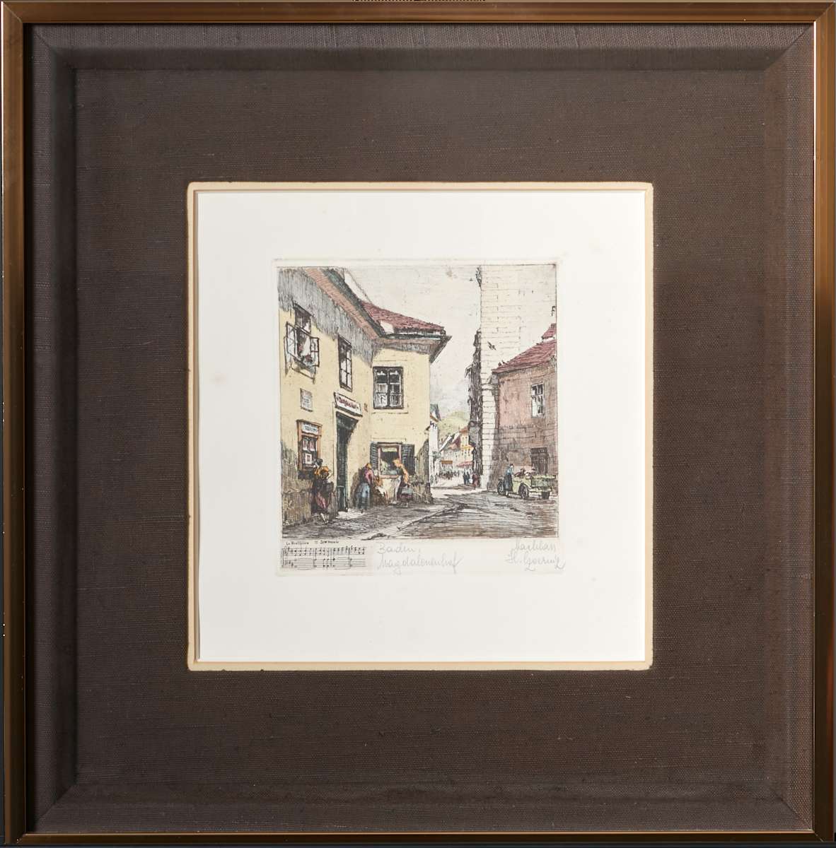 Beethoven Magdalenenhof Etching (Baden, Austria) by Henry Goering  Image: Henry Goering (German American 1871-1944). Antique framed color etching comprised of the exterior view of Ludwig von Beethoven's residence, Magdalenenhof, where he began writing his Ninth Symphony. An excerpt of the symphony's sheet music is included under the etching. Title and composer name written in pencil to lower right.