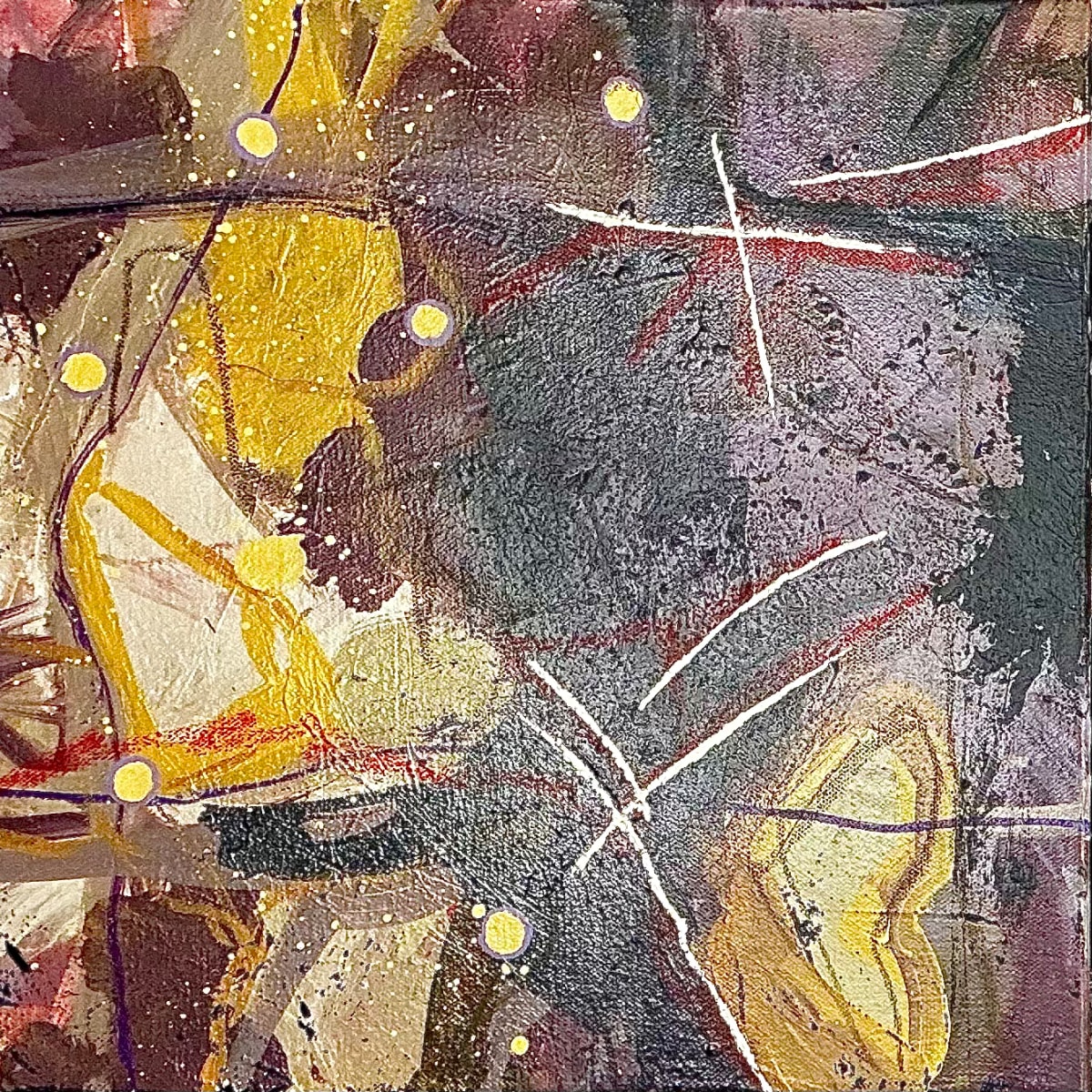 Is This Love by Carissa Barcus  Image: This warm piece of deep red, purple and yellow plays with shape and line work.  Gold leaf in the right third of the painting are meant to m mic the sparks of the heart when we feel love. 