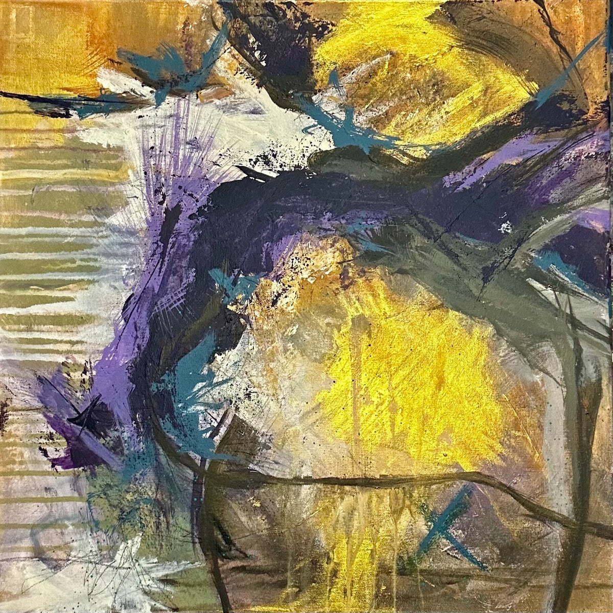 That's How the Light Gets In by Carissa Barcus  Image: Strong dark marks of black and purple hues frame striking gold, brown and yellow.  Touches of slate blue and cream tones highlight the contrast.  Balance is at play here with thoughtful shapes and marks making this wild piece feel quite soothing. 