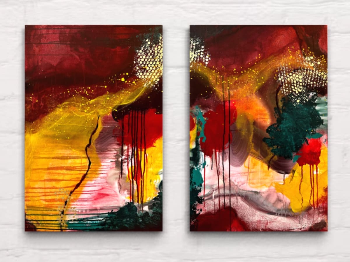 Life's a Circus by Carissa Barcus  Image: Colorful and Bold, this diptych pokes fun at the whirlwind of life.  Deep red, yellow and teal compliment with playful applications of gold leaf to highlight the palette. Shadows of charcoal and pastel create a window for the viewer to get lost in. 