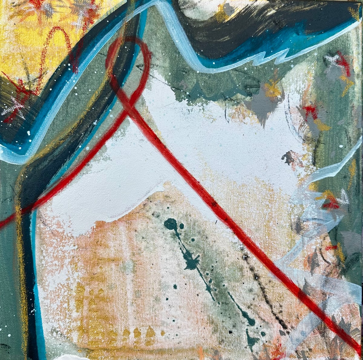 I This You're Crazy by Carissa Barcus  Image: Blue, teal, grey and gold are highlighted by a bold red swirl across the canvas. highlights of titanium white add contract to the darker tones. 