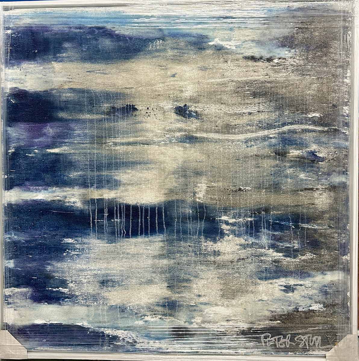 Stormlight by Peter Studl  Image: Moody, atmospheric painting in layered hues of blue, whites, and grays, evoking clouds over water, reflections in a stormy sea. 