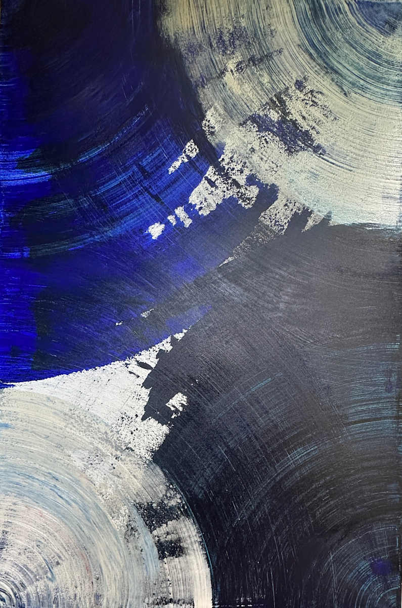 Turbulence and Harmony by Peter Studl  Image: Turbulence and Harmony is full of motion and depth, with sweeping circular strokes that almost feel like the turbulence of galaxies colliding. Deep cobalt and navy blues dominate, layered with textured whites and grays that break apart in jagged fragments, like light cutting through a storm. The gestures suggest rotation, momentum, and an almost cosmic energy—pulling the eye across arcs and spirals that evoke both turbulence and harmony.