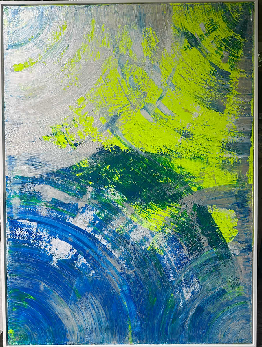 Waves of Radiance by Peter Studl  Image: Waves of Radiance radiates with an energetic vibrancy, full of motion and layered textures. Bold strokes of electric lime green surge across the canvas, creating sharp contrasts against cooler tones of cobalt and ocean blues. The whites and silvers break through like flashes of light on water or sky, enhancing the sense of turbulence and luminosity. The circular sweeps and layered textures suggest a natural yet cosmic rhythm—like storms seen from above, waves in perpetual motion, or even the aurora’s shimmer cutting across the night.