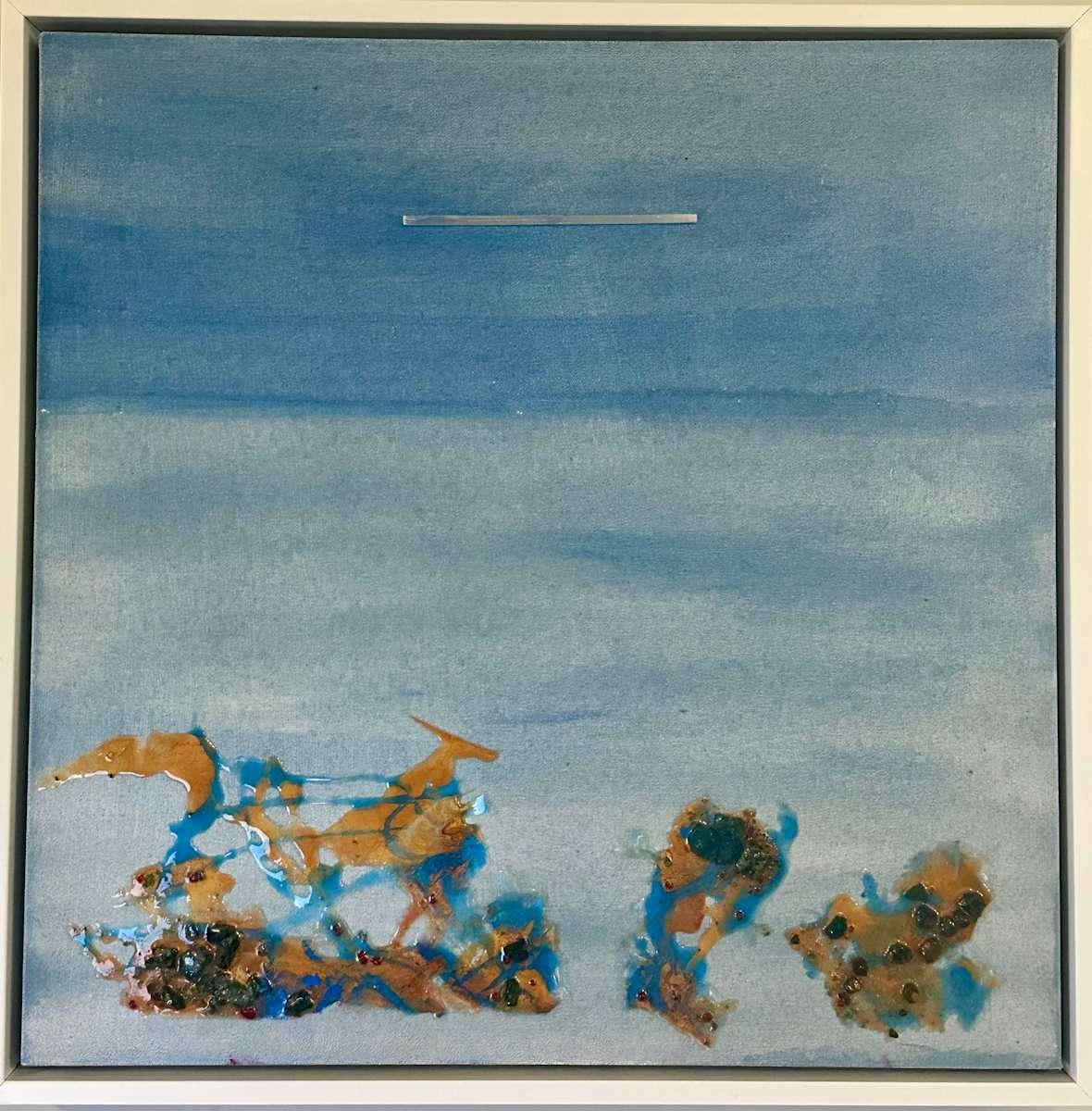 Azure’s Static Drift by Peter Studl  Image: "Azure’s Static Drift" captures the weighted silence of an underwater sanctuary. Within a vast, 29x29 field of ethereal blue, a singular horizontal spine of silica is suspended, acting as a mysterious, unmoving anchor in the liquid atmosphere. Beneath this floating element, vibrant clusters of amber and turquoise silica rest at the base like scattered sea glass or ancient tide-washed relics. The piece masterfully uses the raw texture of the silica to contrast with the fluid, weightless depth of the acrylic, evoking the stillness of a world where light and stone are held in a timeless, submerged embrace.