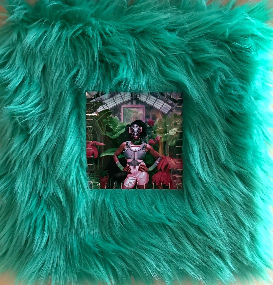 The Growers, Sunlight Through a Curtain II.I,  (2023) by April Bey  Image: April Bey
The Growers, Sunlight Through a
Curtain II.I, 2023
Digital collage, synthography,
hand-sewn into faux fur
12 x 12 in