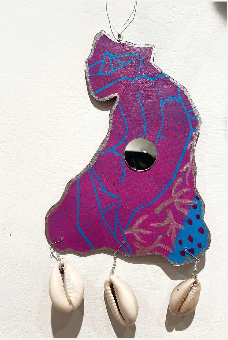 Living As A Black Lesbian 2 (2023) by Natalie Wood  Image:  Natalie Wood, 
Living As A Black Lesbian 2 
(2023)
linocut on canson paper, wire, beads, cowrie shells, acrylic ink
6.5 x 3.5 inches