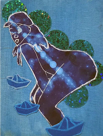 Pum Pum 5 – Ah Shipping CanBoulay by Natalie Wood  Image: Natalie Wood  
Pum Pum 5 – Ah Shipping CanBoulay  
2024  
acrylic ink, collage, pen, marker, paillette on wood panel
4 x 3 inches