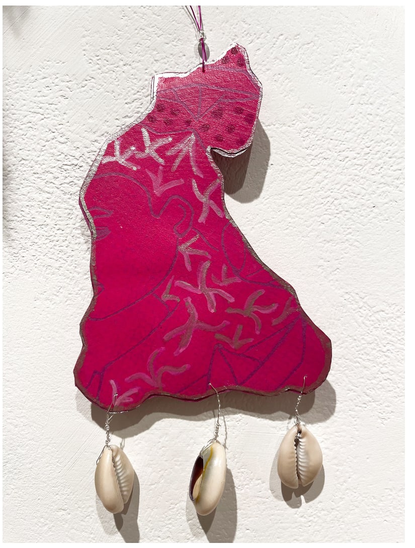 Living as a Black Lesbian 3, 2023 by Natalie Wood  Image: 
Natalie Wood 
Living is a Black Lesbian 3 (2023)
linocut on canson paper, wire, beads, cowrie shells, acrylic ink
6.5 x 3.5