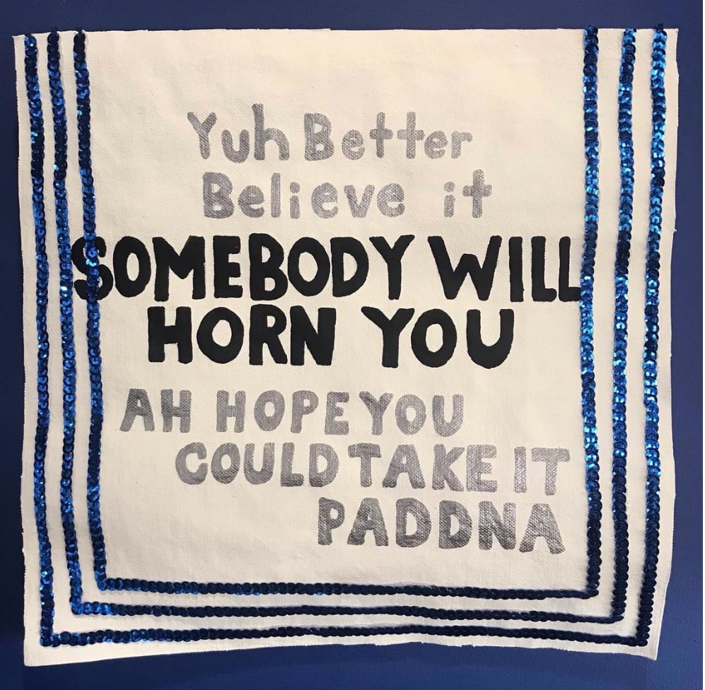 "You Lookin for Horn?" Sailor collar 2021 by Shane Hanson Mohammed  Image: 
"You Lookin for Horn?" Sailor collar 2021
Shane Hanson Mohammed
Mixed media
 Acrylic paint and sequins on Papier mache 
12 x 12