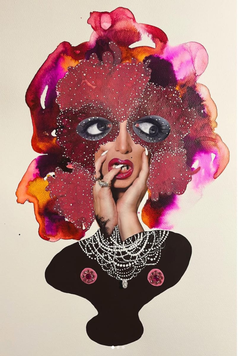"Watch how mi face pretty baddddd” by Mazare Trim  Image: "Watch how mi face pretty baddddd” 
12.5x18.5 inches
Collage, acrylic ink, watercolor, acrylic paint, rhinestones and faux pearls on acid free paper
2023