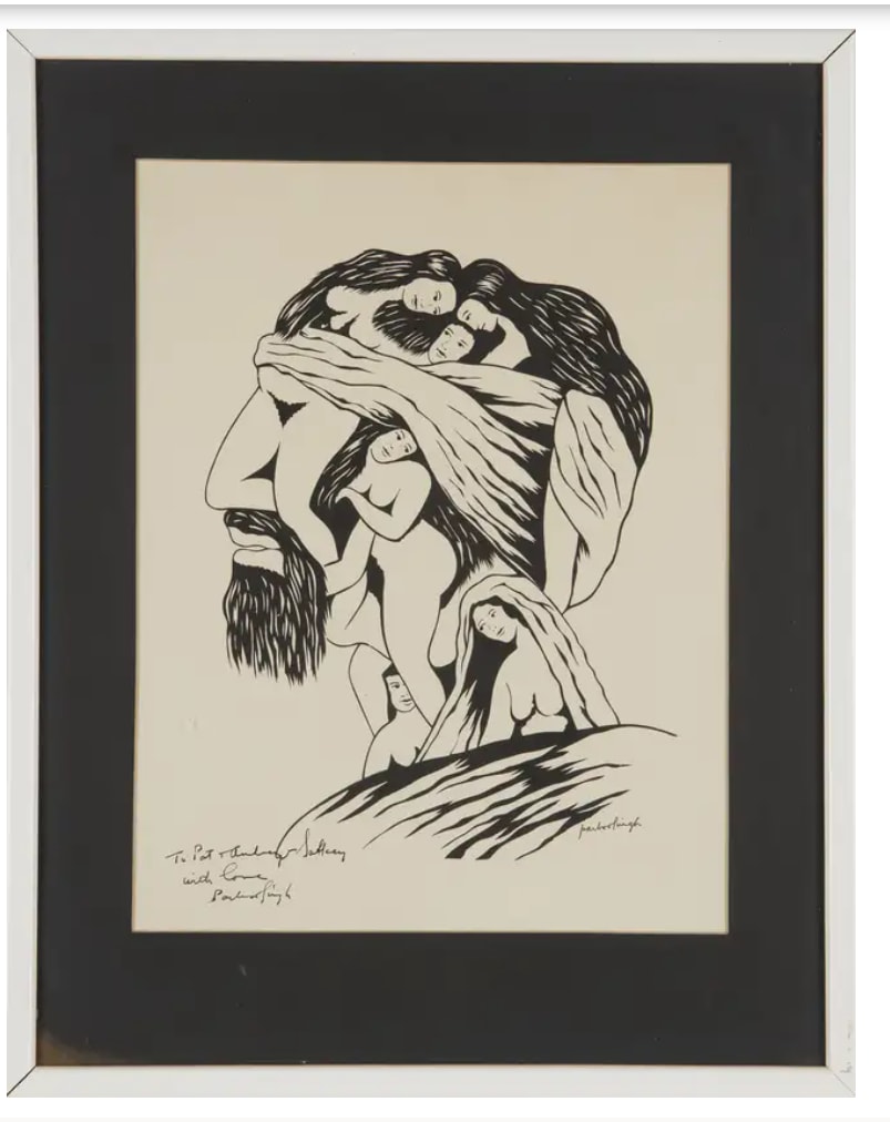 Untitled by Karl Parboosingh  Image: Karl Parboosingh, 
Jamaican 1923-1975 - 
Male head made of swirling female figures; 
linocut on paper, signed within the print and signed again and dedicated lower left 'to Pat & Andrew Salkey with love Parboosingh', 
32.5 x 24.7 cm: