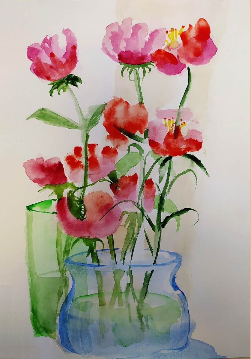 Glass vases red flowers by Richard Lyons, Image 1.