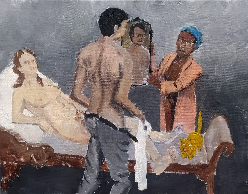 Olympia Receives a Visit. by Richard Lyons  Image: (with apologies to Manet)