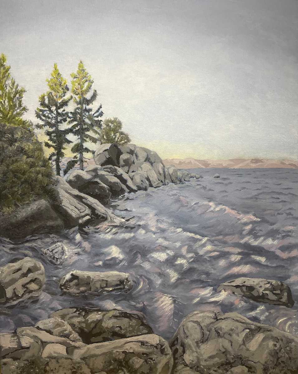 Crystal Bay - First Light by James Parker  Image: The sun's first rays catch the top of the pines at Crystal Bay on Tahoe's North-East shore.