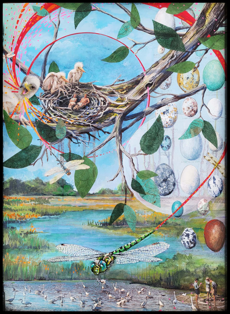 Sound the Alarm by Debra Sue Solecki  Image: Mixed media on panel in black wood frame