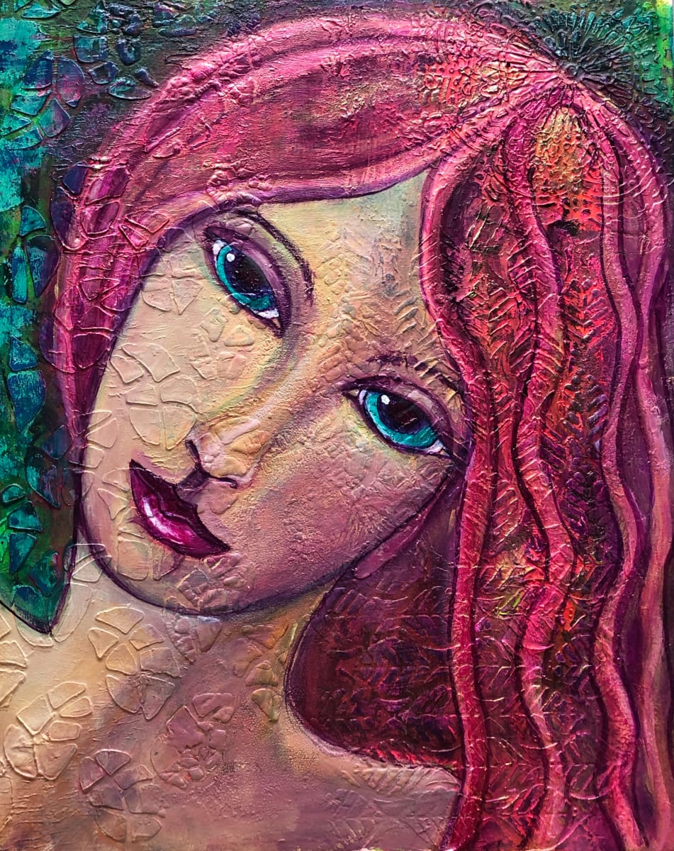 Pink-Haired, Green-Eyed Girl by Lynne Mizera  Image: There are as many layers to a life as there are in this piece