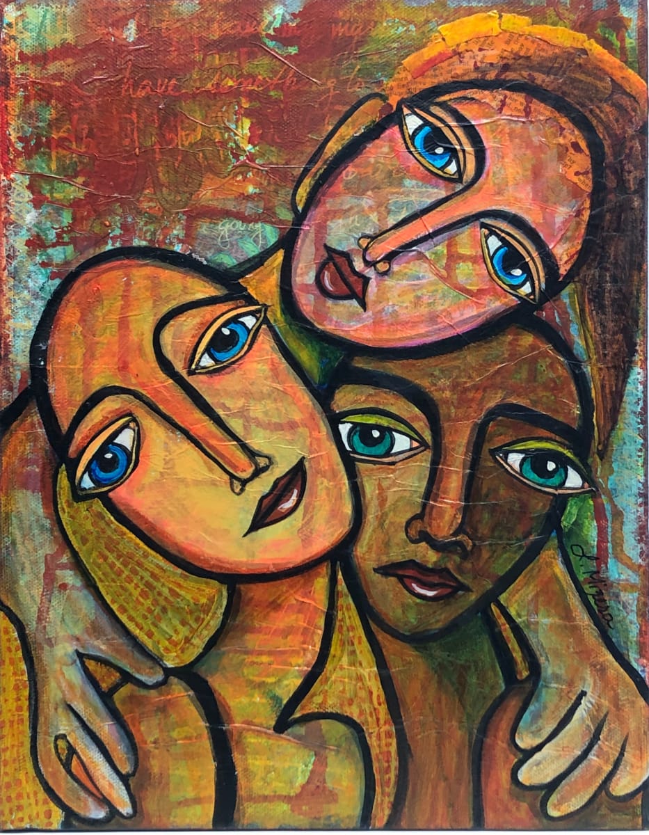 We Three by Lynne Mizera  Image: A mixed media piece, using a layer technique to create depth and dimension.